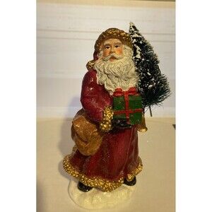 2002 Young’s Inc Resin Santa Holding Christmas Tree and Present 8" Tall 🎄🎅